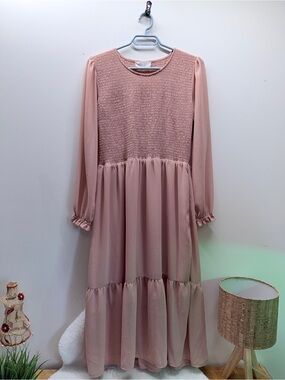 The Jilly Box Women's Maxi Dress with Smocked Bodice Dusty Rose Wedding Ready 💝